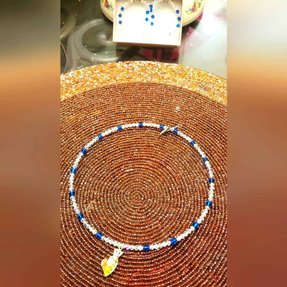 Swarovski Crystals Hand-Made Earrings and Choker Set..Blue/White